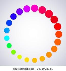Circle of color palette icon that are arranged around each other in a circle on white background. Indicator for loading progress. Seamless loopin