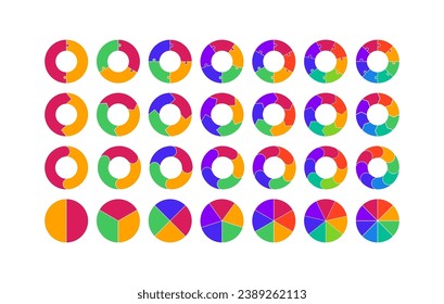 Circle Color Pie Chart Set. Vektorflache Zyklusdiagramme.  Infografik-Kollektion mit 2,3,4,5,6,7,8 Segmentabschnitten