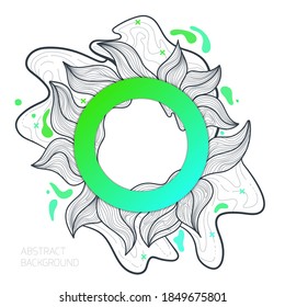 Circle colored frame for text with liquid shape from many curved lines and paint particles