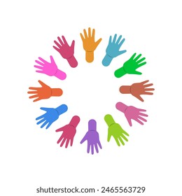 Circle of colored handprints. A circle made from the palm prints of hands of different random colors. Vector illustration on a white background.