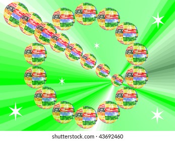 circle of colored mirror balls with abstract green background