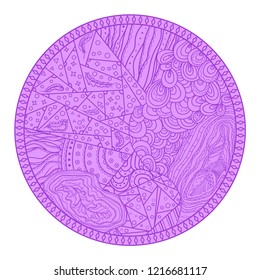 Circle colored pattern on white. Zentangle. Hand drawn mandala on isolated background. Design for spiritual relaxation for adults. Print for flyers and banners. Vintage and retro style