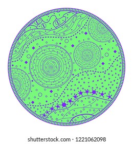 Circle colored pattern on white. Zentangle. Hand drawn mandala on isolated background. Design for spiritual relaxation for adults. Print for flyers and banners. Vintage and retro style