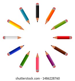 Circle of colored pencils in the shape of a sun. Twelve colors bright crayons with erasers,flat cartoon design. Writing implement, school supplies. Isolated on white background. Vector illustration