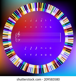 Circle of Colored Piano Keys and Music Symbols Vector Illustration