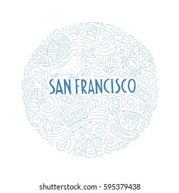 The circle with colored San Francisco symbols and San Francisco words vector illustration. 