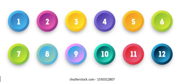 Circle colorful 3d icon set with number bullet point from 1 to 12. 