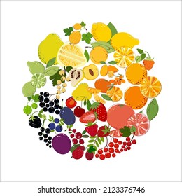 Circle of colorful berries and fruits. Colorful fruits and berries sticker.