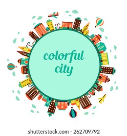Circle with colorful city. Buildings, trees, planes and air balloon around.Vector illustration