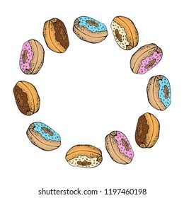 Circle of colorful donuts isolated on white background. Doughnuts collection into glaze for menu design, cafe decoration, delivery box. Vector illustration sweet food set in cartoon style.