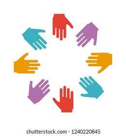 Circle of colorful hands illustration. Vector trendy flat glyph icon for concepts of partnership, unity, culture and education, volunteering, teamwork