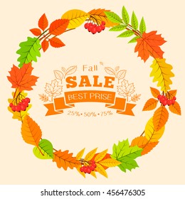 Circle from colorful leafs with text. Autumn season background. Vector illustration easy to edit.