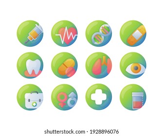 Circle colorful medicine icons with simple gradient. Including syringe, heart rhythm, gene, tooth, pills, first aid kit, sight etc.