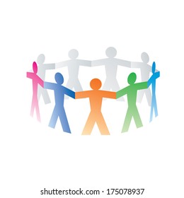 circle of colorful paper people on white background