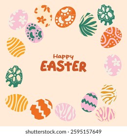 A circle of colorful patterned Easter eggs with "Happy Easter" text in the center. Ideal for festive designs, cards, and holiday-themed projects.