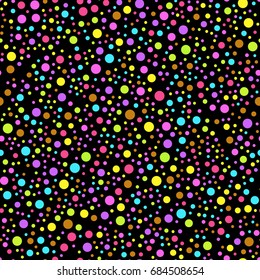Circle colorful seamless pattern with different size and color on black background.