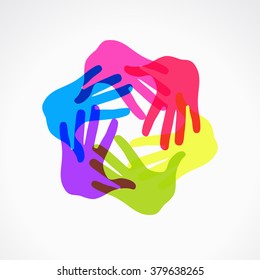 Circle of colorful silhouettes hand prints. The file is saved in the version 10 EPS. This image contains transparency.