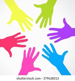 Circle of colorful silhouettes hand prints. The file is saved in the version 10 EPS. This image contains transparency.