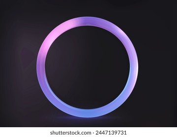 Circle colorful with transparency. Luminous circular frame isolated on a black backdrop. Electric vibrant 3D circular portal, neon lamp, and banner in shades of purple, blue, and pink.