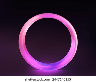 Circle colorful with transparency. Luminous circular frame isolated on a black backdrop. Electric vibrant 3D circular portal, neon lamp, and banner in shades of purple and pink.