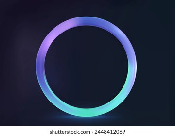 Circle colorful with transparency. Luminous circular frame isolated on a black backdrop. Electric vibrant 3D circular portal, neon lamp, and banner in shades of purple, blue, and pink.