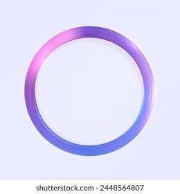 Circle colorful with transparency. Luminous circular frame isolated on a white backdrop. Electric vibrant 3D circular portal, neon lamp, and banner in shades of purple, blue, and pink.