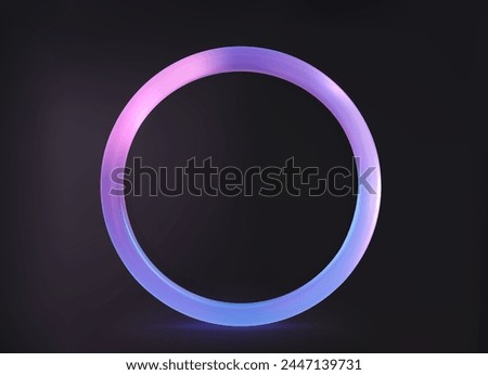 Circle colorful with transparency. Luminous circular frame isolated on a black backdrop. Electric vibrant 3D circular portal, neon lamp, and banner in shades of purple, blue, and pink.