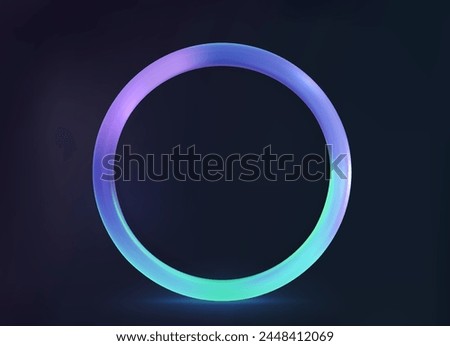 Circle colorful with transparency. Luminous circular frame isolated on a black backdrop. Electric vibrant 3D circular portal, neon lamp, and banner in shades of purple, blue, and pink.