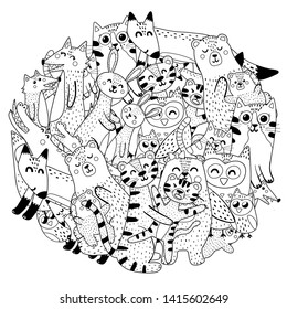 Circle coloring page with mothers and their babies animals. Vector illustration