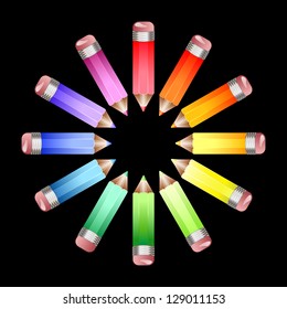 Un círculo de lápices de colores que forman una rueda de color sobre un fondo negro. Formato vectorial EPS10