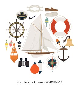 Circle composed of different nautical items on white background