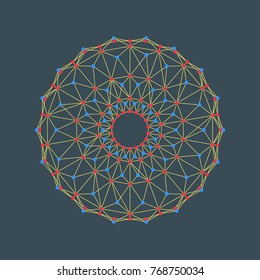 A circle composed of dots and lines. Wireframe vector illustration. 3D technology style. Guilloche pattern rosette and border for certificate or diploma. 