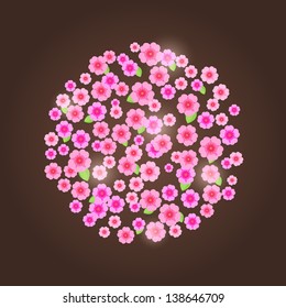 Circle Composed of Pink Flower Silhouettes. Vector Floral Decor