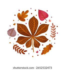 Circle composition of autumn leaves with hearts. Warm, cozy fall design in hand-drawn style. Perfect for greeting cards, seasonal decor