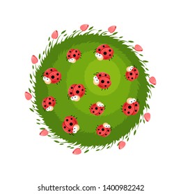 Circle composition with cute cartoon ladybugs on the grass with red flowers. Beautiful element for your design.