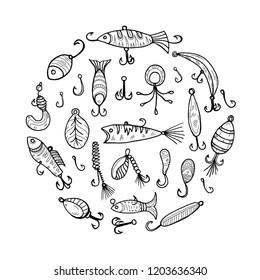 Circle composition with cute hand drawn fishing icons. Vector catching fish equipment elements. Doodle illustration