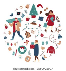 Circle composition featuring people engaging in festive Christmas activities such as shopping, carrying gifts, and preparing decorations. Professional vector illustration for holiday projects.