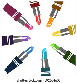 circle composition of flat lipsticks. rainbow colored lipsticks on white. Makeup.
