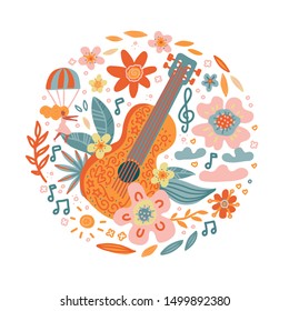 Circle composition of flowers entwined guitar. Misic festival vector background concept in doodle hand drawn colored style.