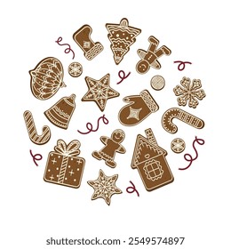 Circle composition of gingerbread cookies, including stars, candy canes, snowflakes, gingerbread people. Flat festive illustration. Christmas baking and decoration concept for design.