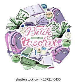Circle composition of  hand drawn ink and colored  sketch with books and school items . Color stickers  isolated on white background. Vector illustration.