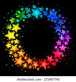 Circle composition with hand drawn watercolor colorful stars and place for the text in the middle on black background. Design elements. Vector illustration