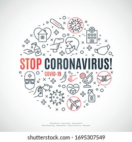 Circle composition with line icons and text Stop Coronavirus. COVID 19 prevention concept. Stock vector illustration. 