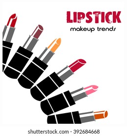 circle composition of lipsticks. Flat orange lipstick,red lipstick, wine lipstick and pink lipstick on white. Makeup.