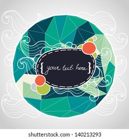 Circle composition made of geometric shapes. Label design. Hand drawn waves. Vector illustration.
