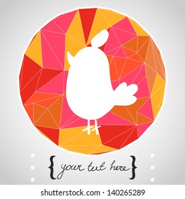 Circle composition made of geometric shapes. Label design. Hand drawn cartoon bird. Vector illustration.