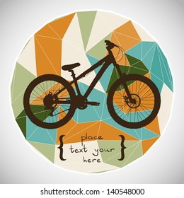 Circle composition made of geometric shapes. Label design. Hand drawn mountain bicycle silhouette. Vector illustration.