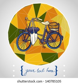 Circle composition made of geometric shapes. Label design. Hand drawn vintage bicycle with flowers and place for the text. Vector illustration.