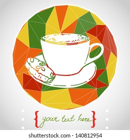 Circle composition made of geometric shapes. Label design. Hand drawn morning cup of coffee with biscotti. Vector illustration.