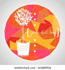 Circle composition made of geometric shapes. Label design. Hand drawn potted olive tree and place for the text. Vector illustration.